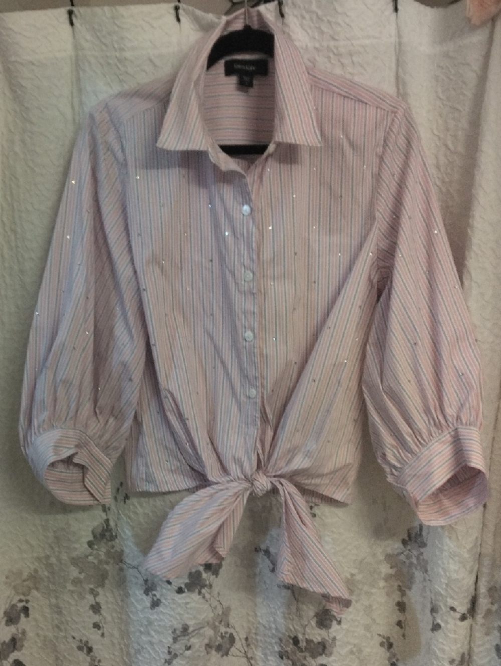 Karen Kane Pink & White Striped Tie-Front Button Down Shirt
